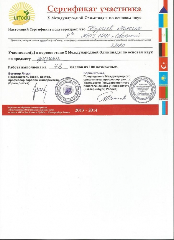 Международные основы наук. Сертификат участника.