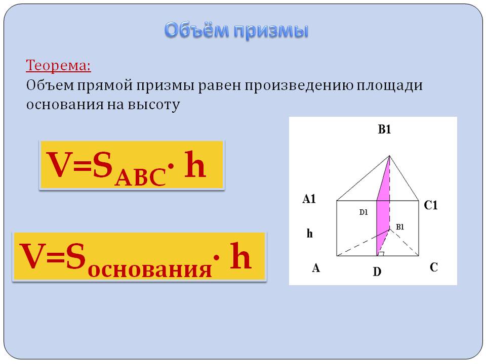 Объем примы. Формула нахождения объема Призмы. Объем прямой треугольной Призмы формула. Формула нахождения объема прямой Призмы. Какой формулой выражается объем Призмы.
