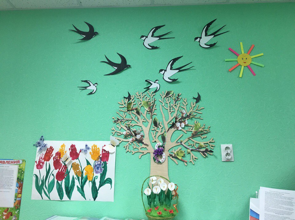 Оформление группы на весну в детском. Весеннее украшение раздевалки в детском саду. Украшение стены на весну в ДОУ.